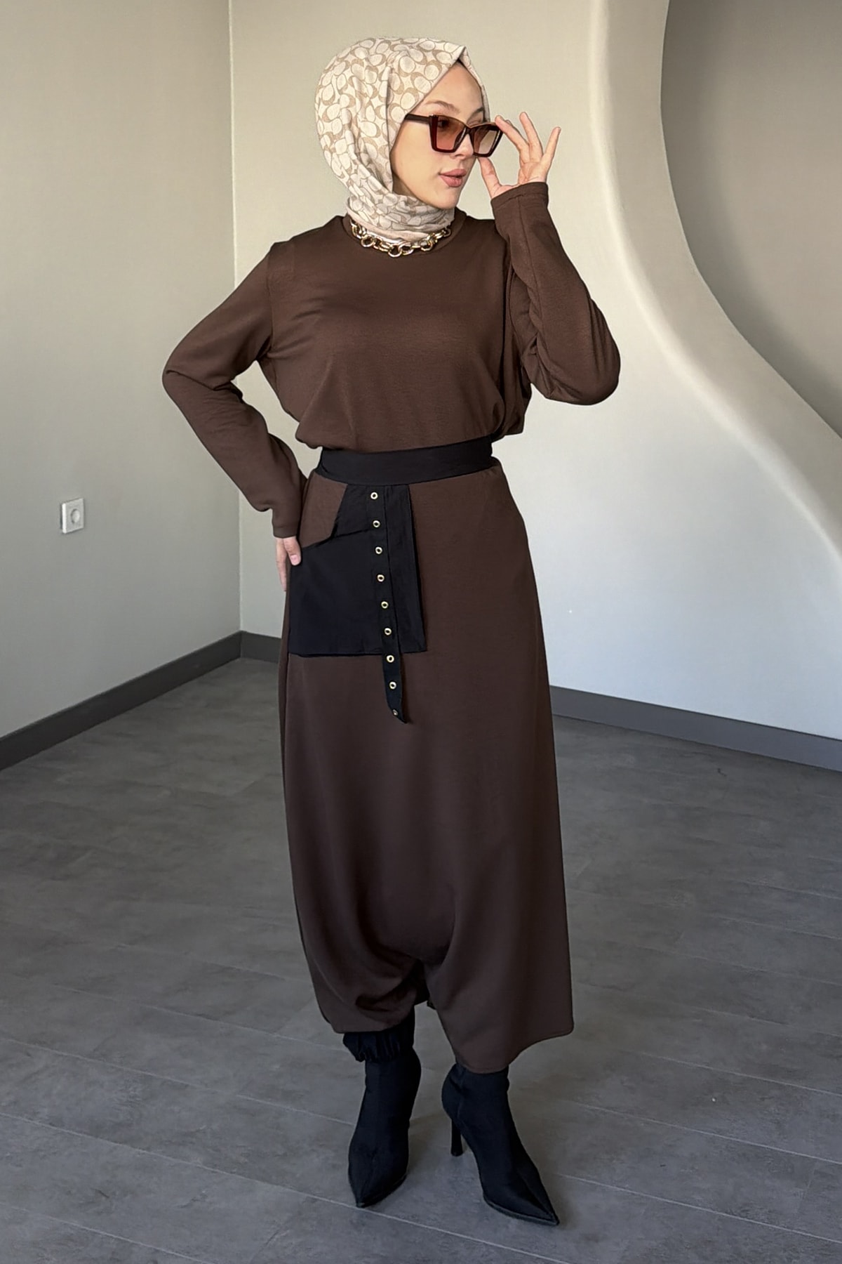 Florence Cep Detaylı Şalvar Etekli Takım SK-8628 - Acı Kahve
