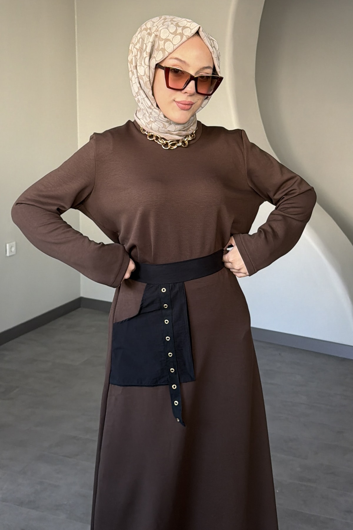 Florence Cep Detaylı Şalvar Etekli Takım SK-8628 - Acı Kahve