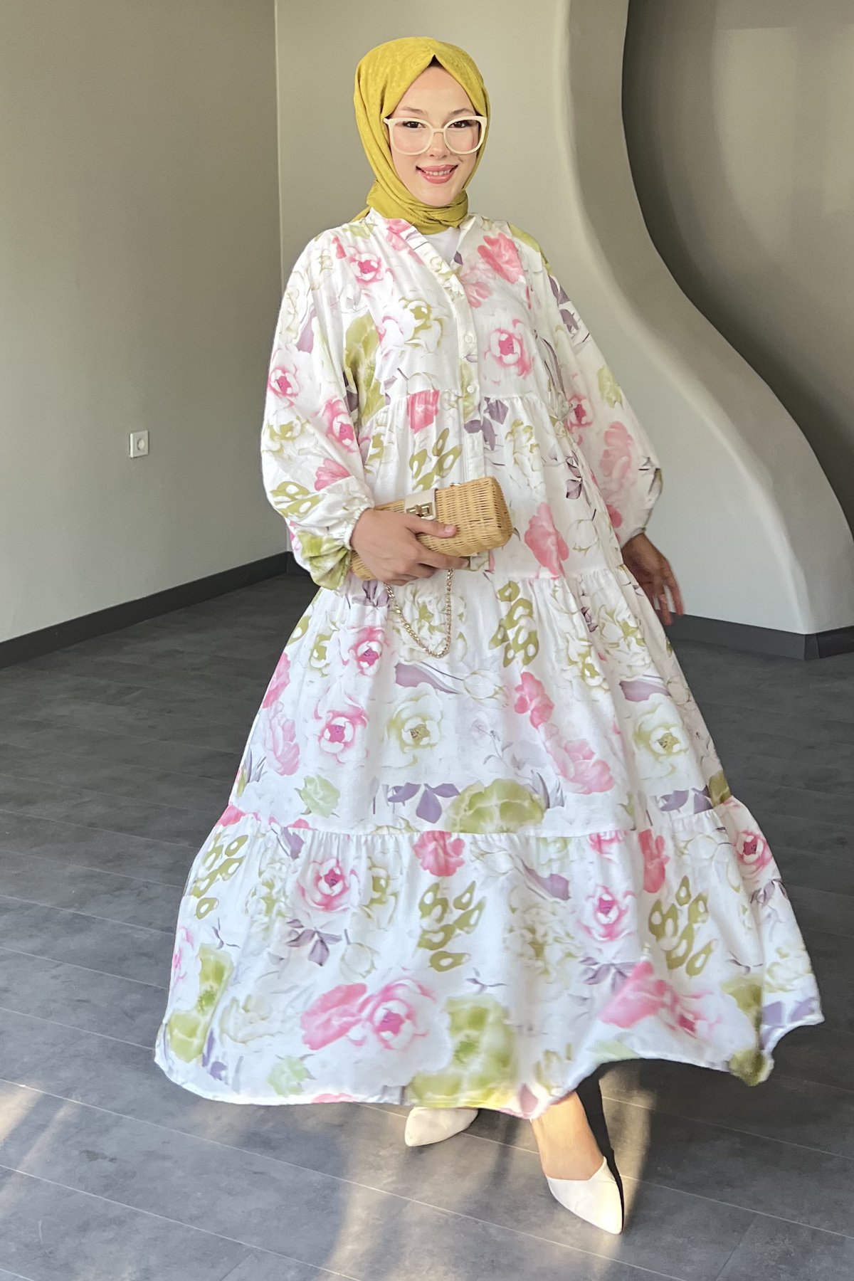 Flower Desenli Keten Elbise SK-8565