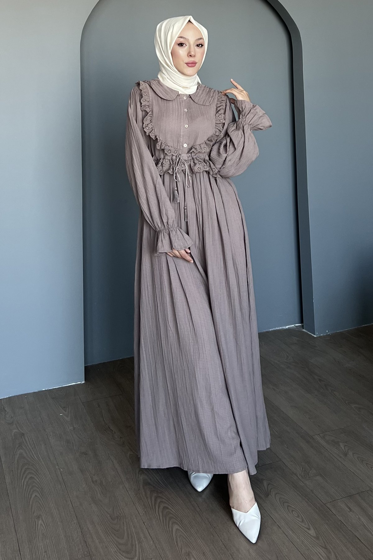 Rüyaşa Dantel Detaylı Yakalı Gofre Elbise DMR-8485