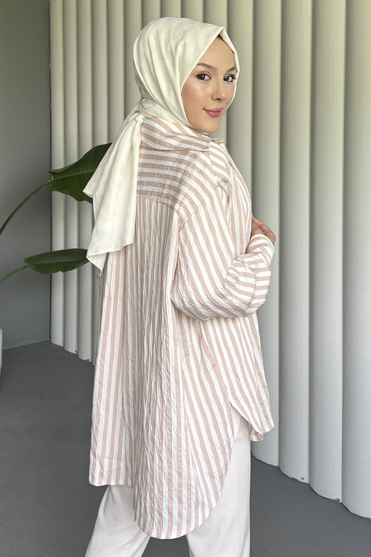 Çizgili Oversize Gofre Gömlek ENS-8507