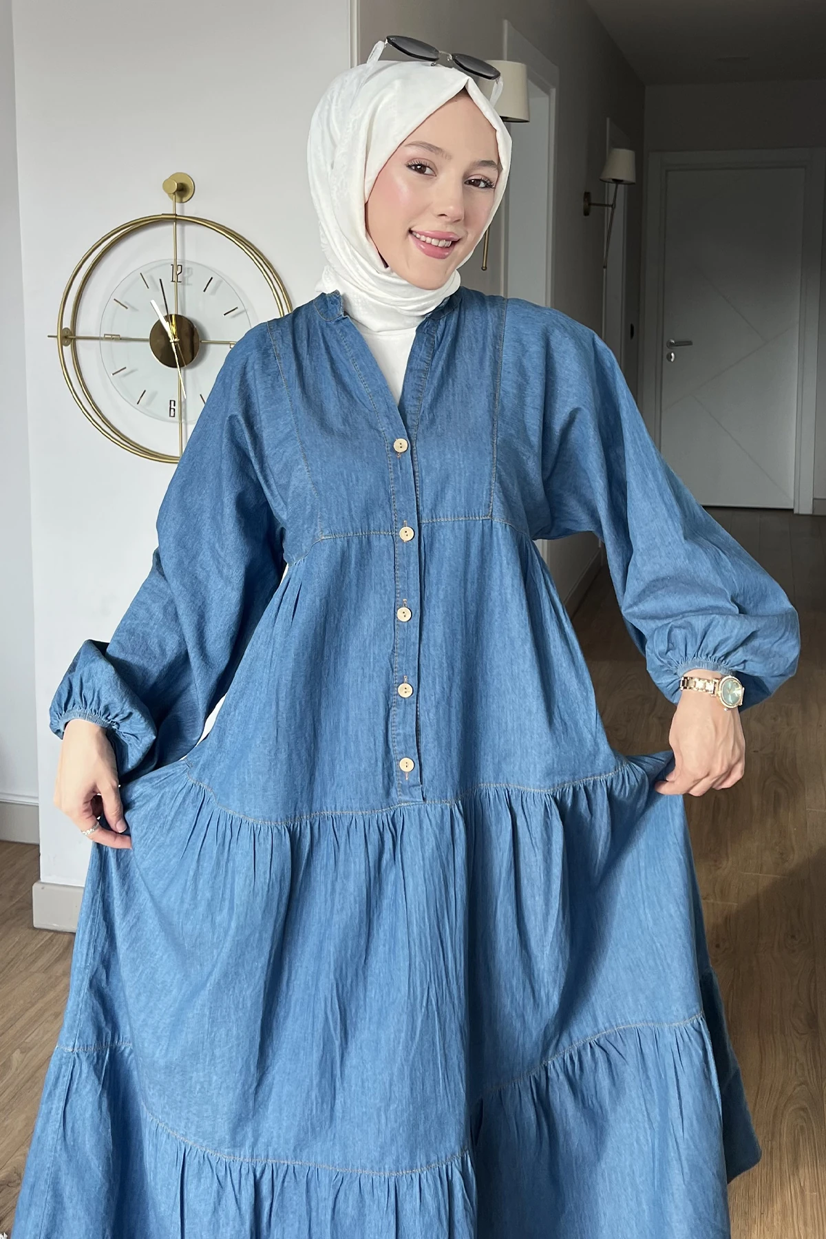 Sare Yarım Düğmeli Kot Elbise SK-8638