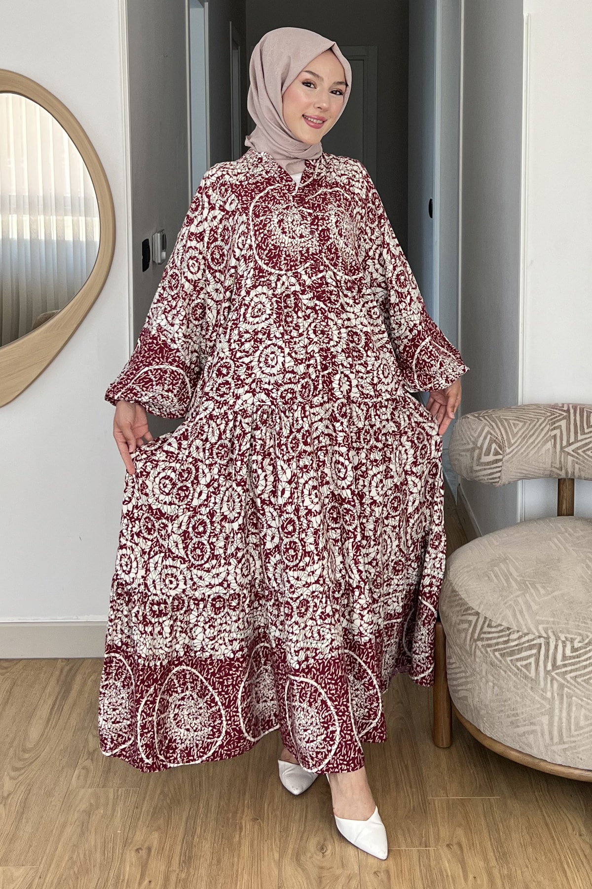 Vavelya Karışık Desenli Yarım Düğmeli Elbise SK-8537