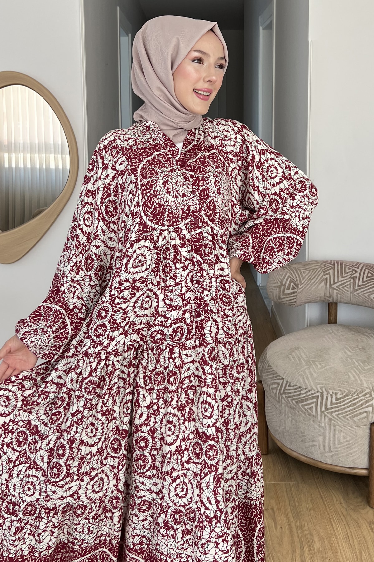 Vavelya Karışık Desenli Yarım Düğmeli Elbise SK-8537