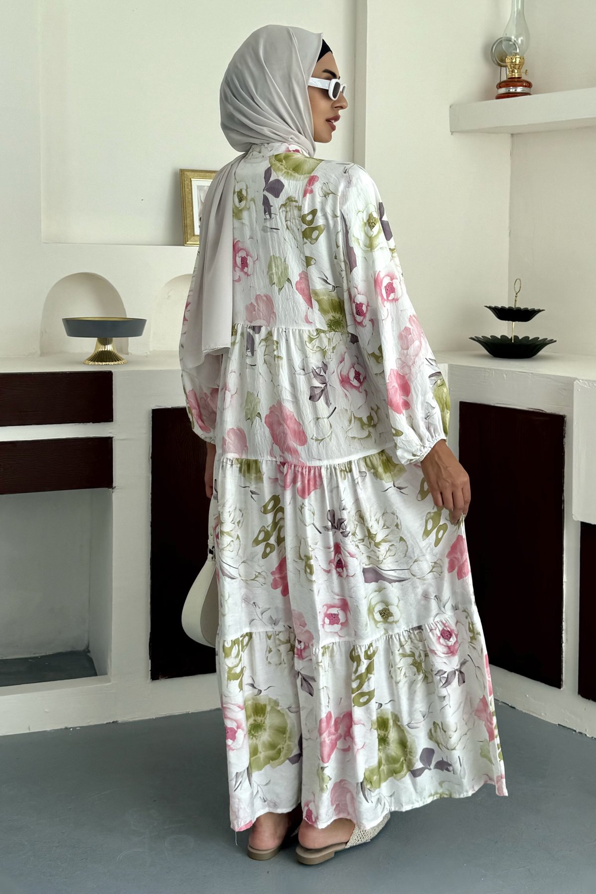 Flower Desenli Keten Elbise SK-8565