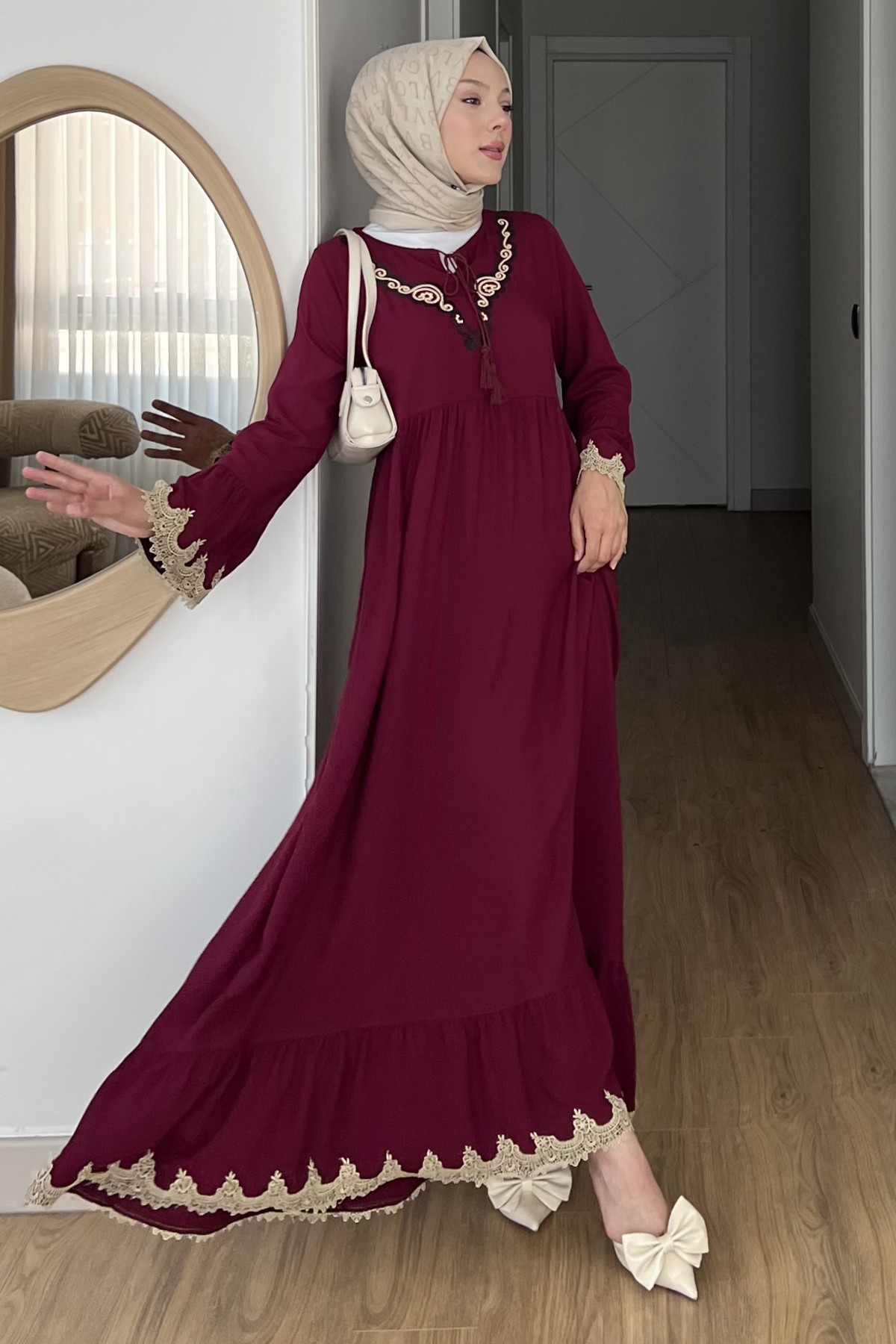 Efsun Krem Nakışlı Bohem Elbise SK-8530