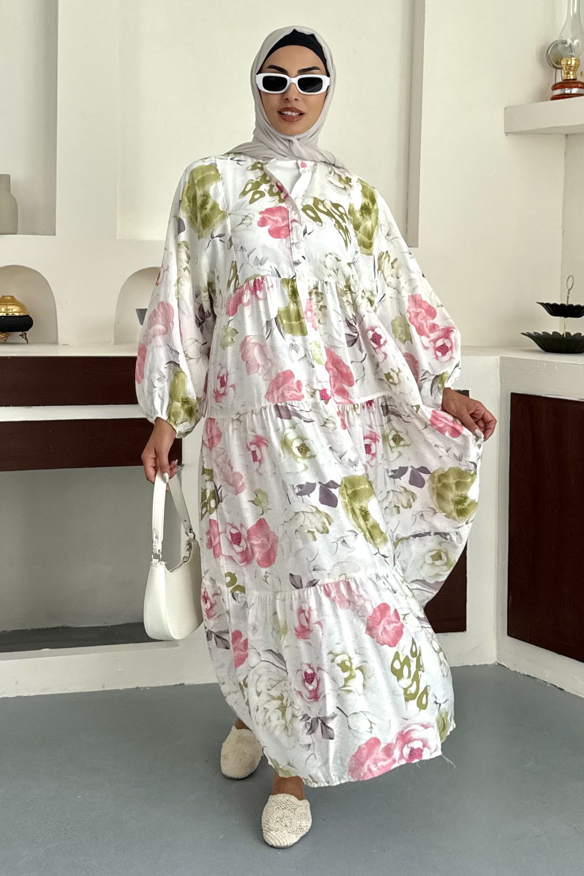 Flower Desenli Keten Elbise SK-8565