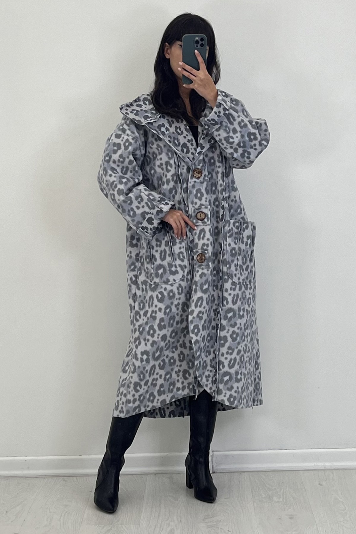 Düğmeli Oversize Leopar Kaban SK-8334