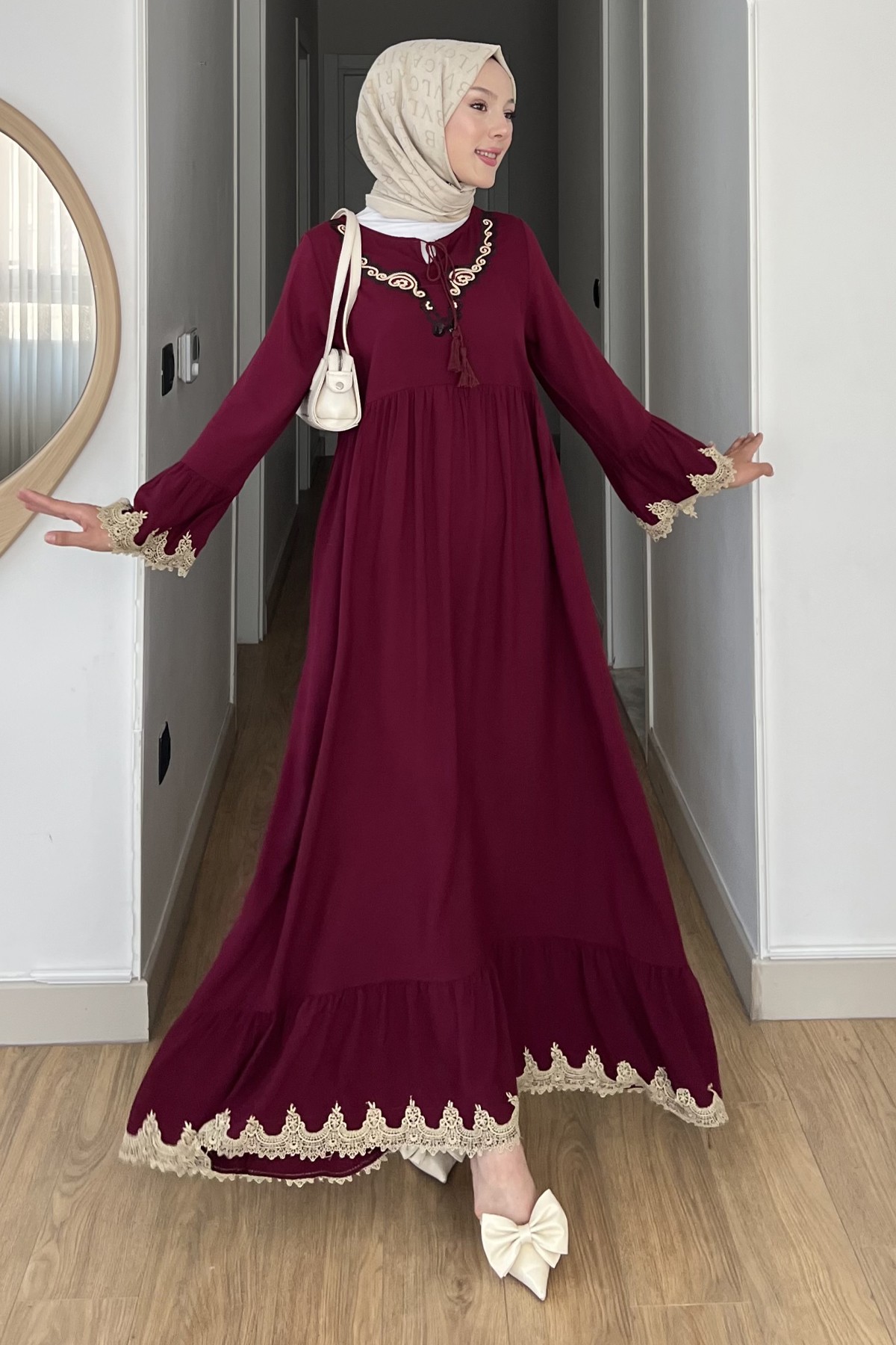 Efsun Krem Nakışlı Bohem Elbise SK-8530