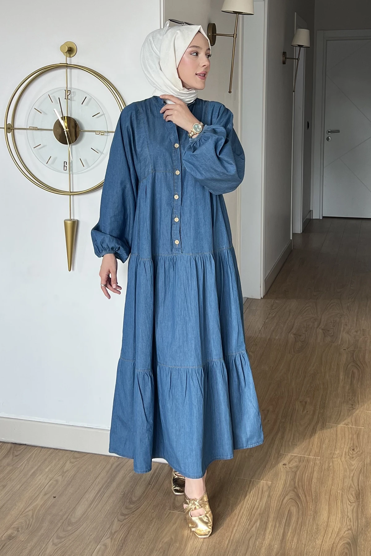 Sare Yarım Düğmeli Kot Elbise SK-8638