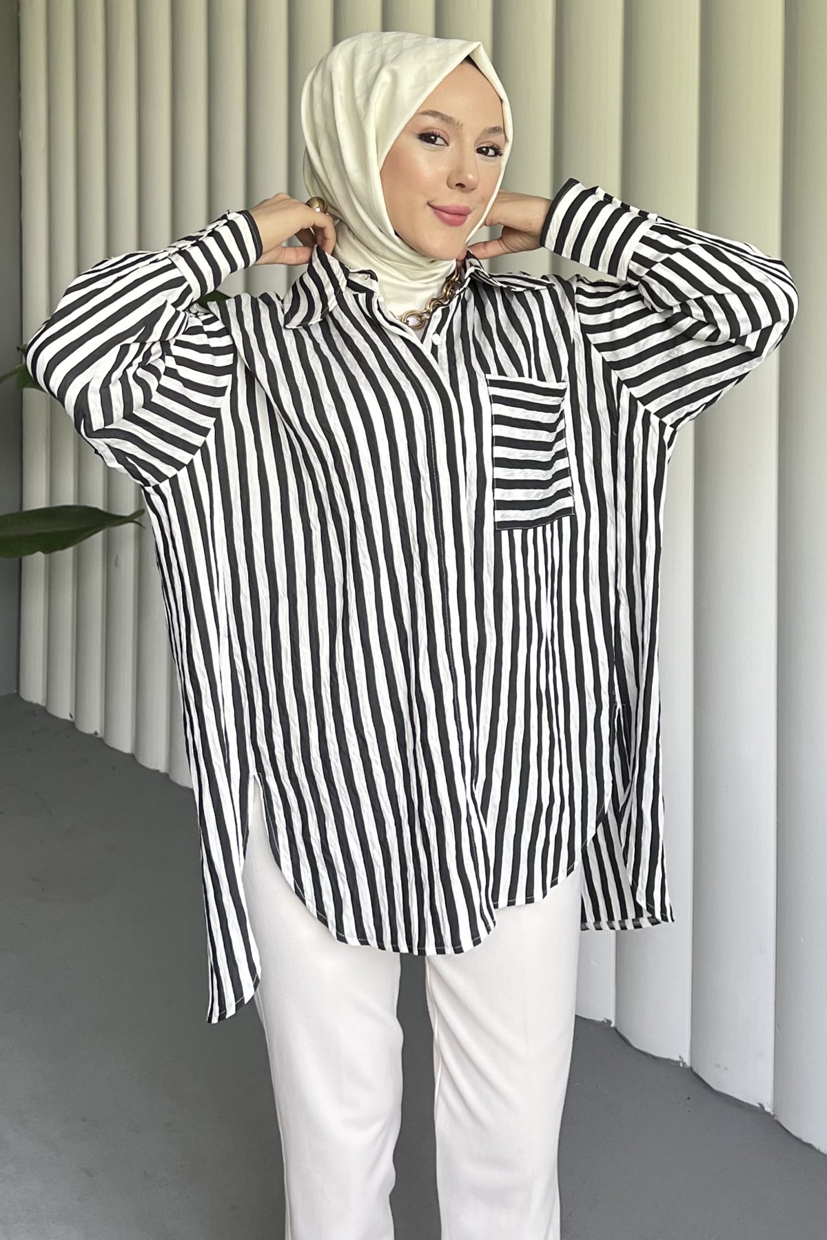 Çizgili Oversize Gofre Gömlek ENS-8507