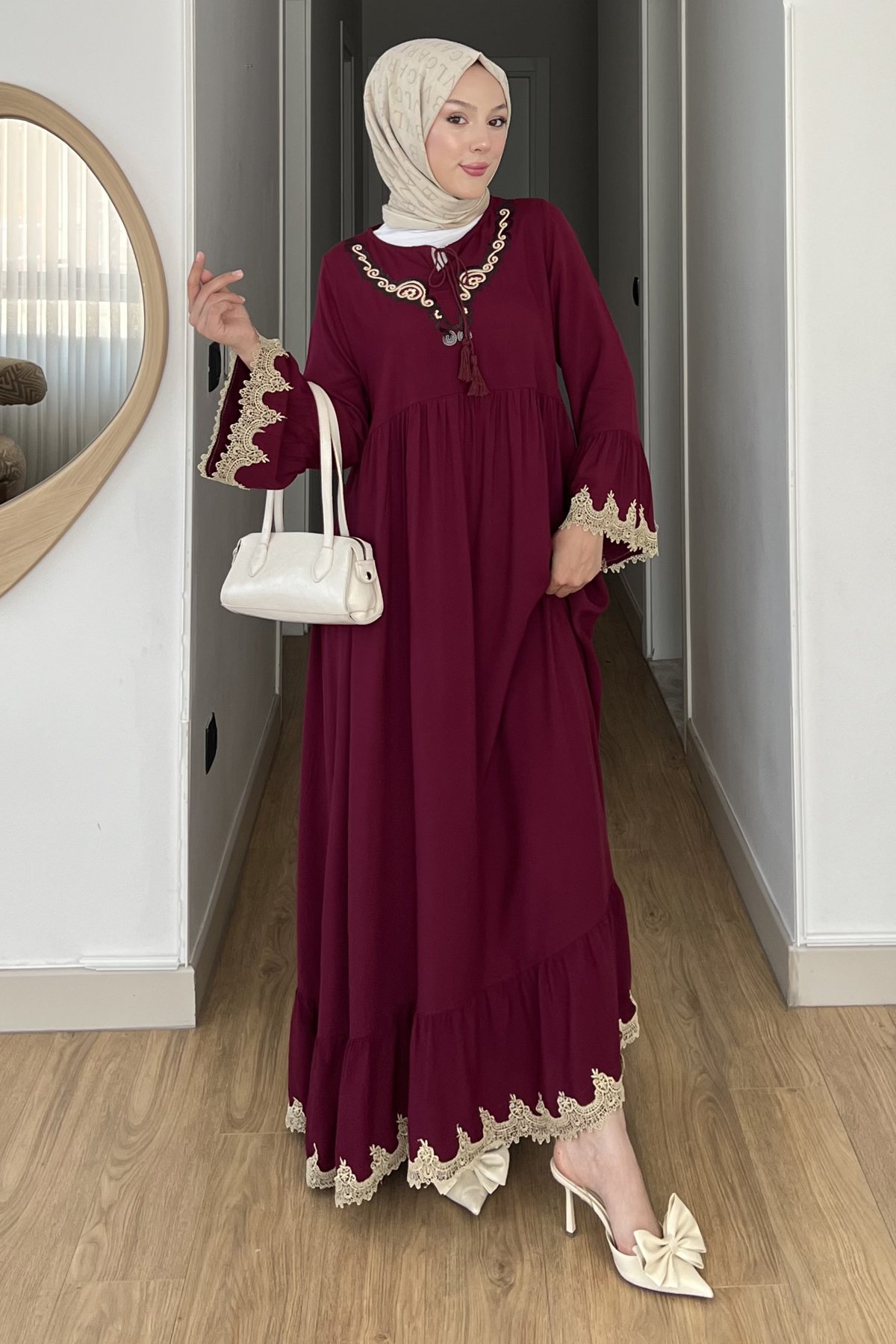 Efsun Krem Nakışlı Bohem Elbise SK-8530
