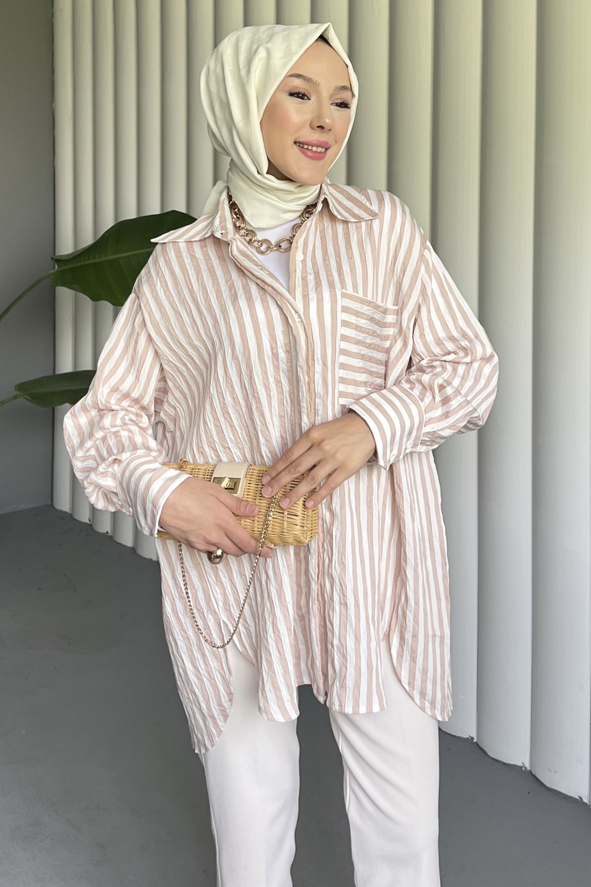 Çizgili Oversize Gofre Gömlek ENS-8507