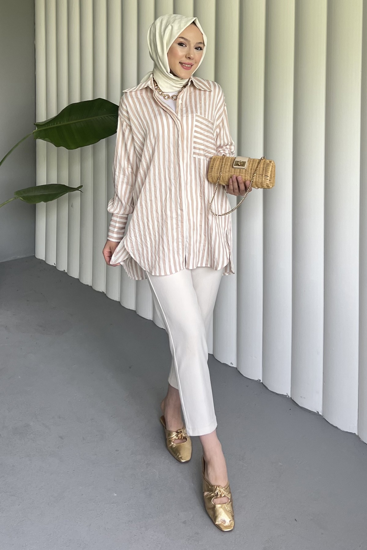 Çizgili Oversize Gofre Gömlek ENS-8507