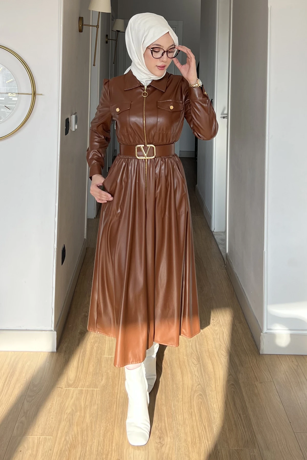 Prime Fermuar Detaylı Kemerli Deri Elbise DYD-8637