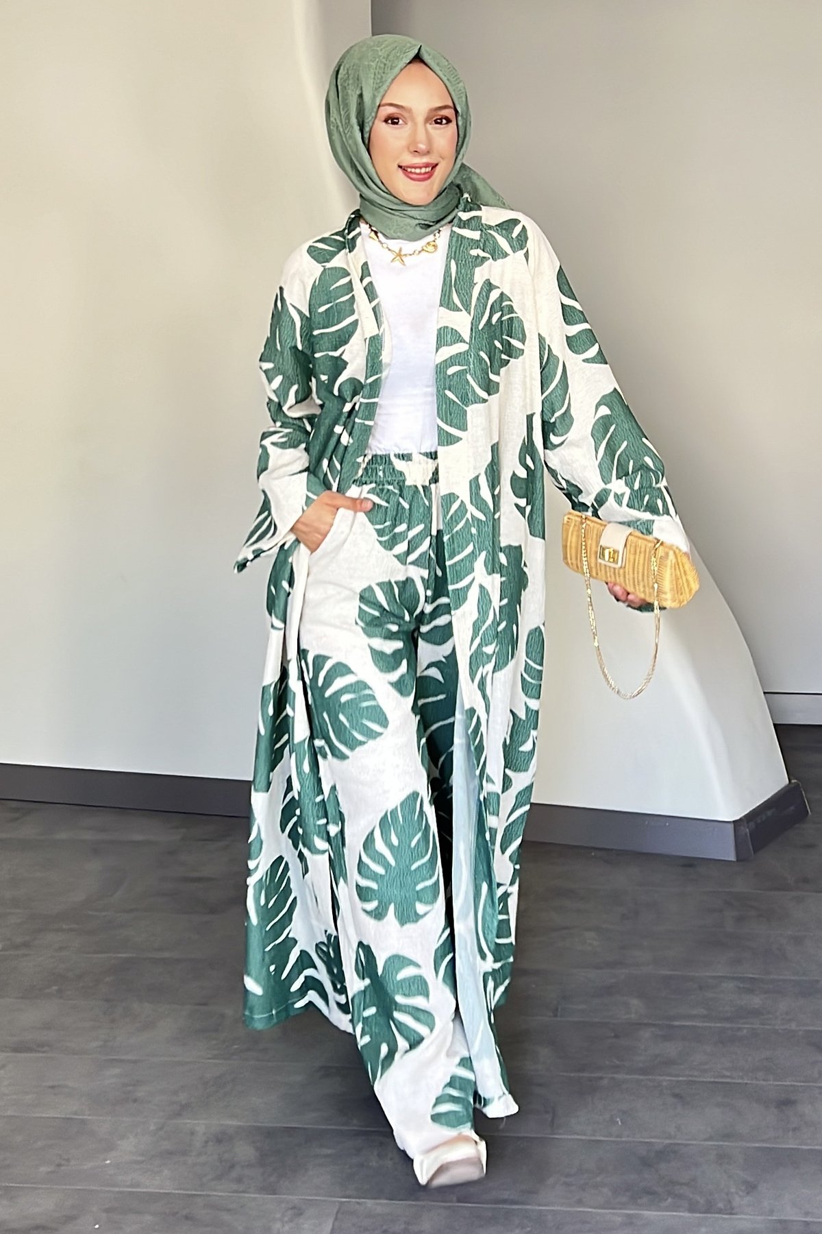 Sunshine Büyük Yaprak Desenli Gofre Kimono Takım DMR-8585