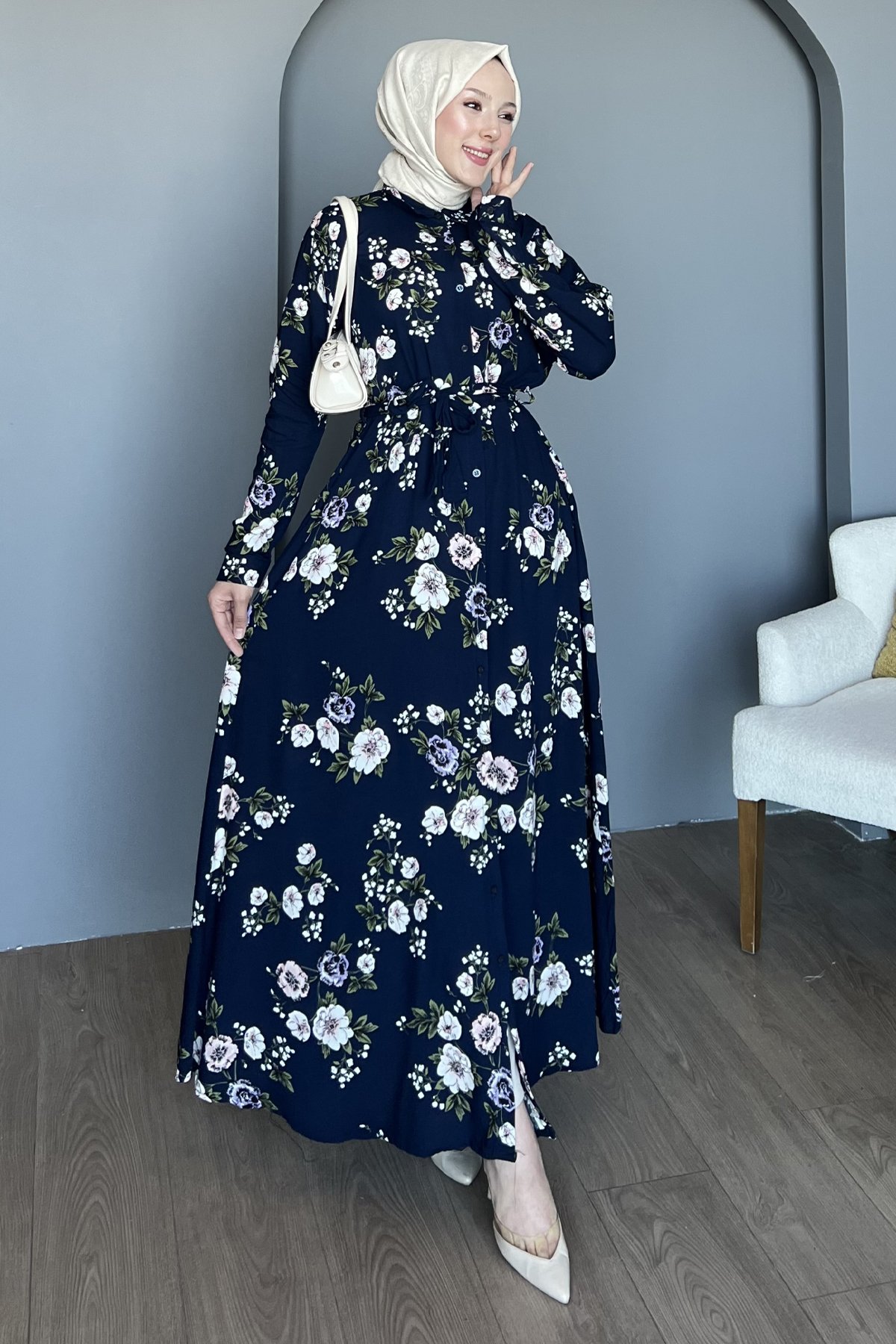 Kır Çiçeği Desenli Gömlek Elbise SK-8498