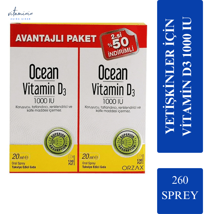 Orzax Ocean Vitamin D3 1000 IU Sprey 20 ml - 2.'si %50 İndirimli