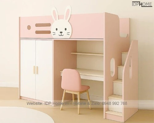 Ranza 633 Pembe Mavi Dolaplı Çalışma Masalı Yandan Merdivenli Yüksek Korkuluklu Ranza Modeli