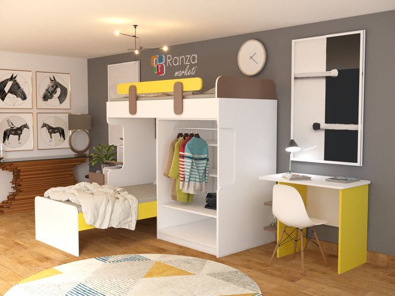 Ranza 092  Dolaplı Yandan Merdivenli Çekmeceli Raflı Çalışma Masalı Ranza