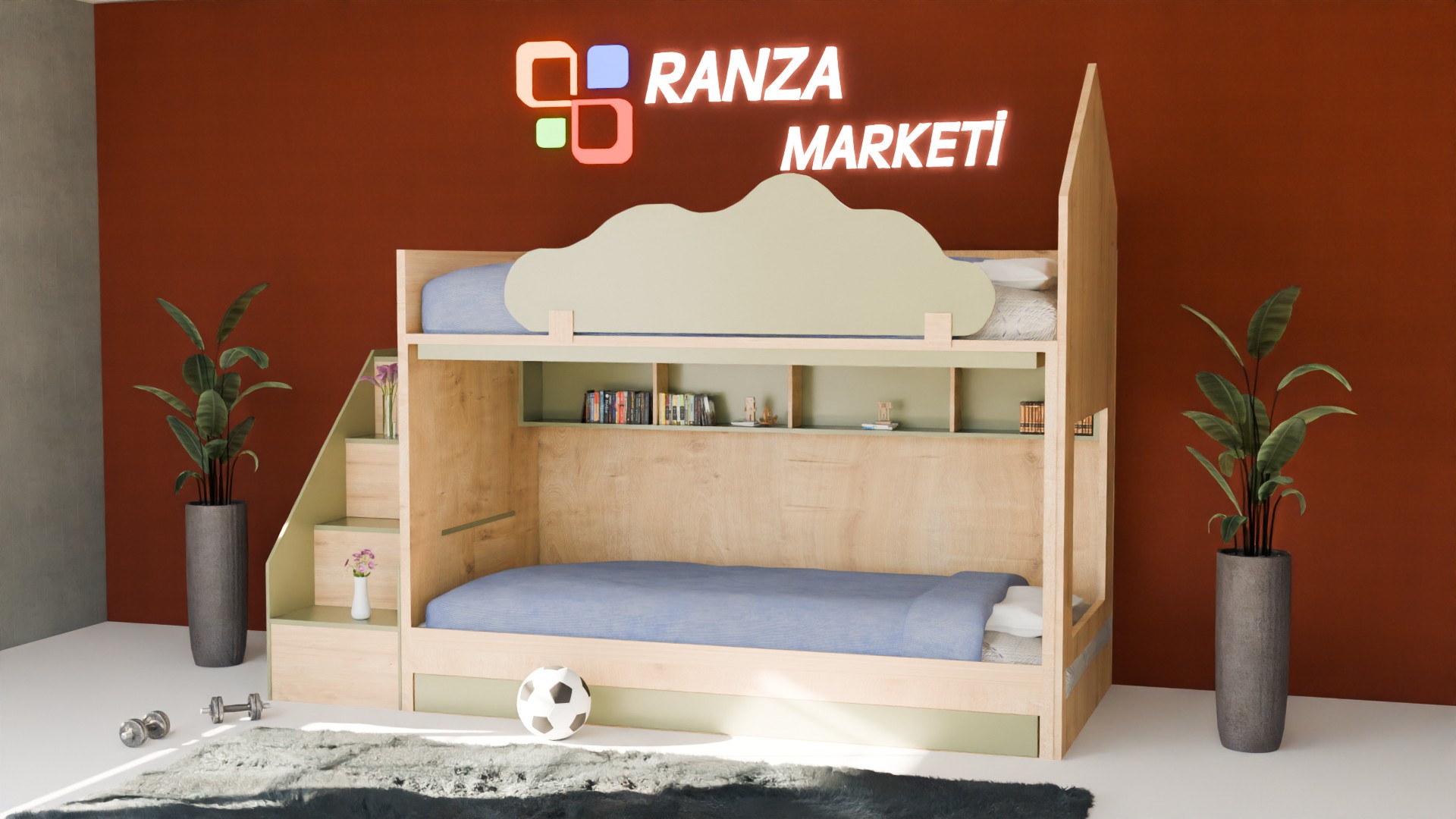 Ranza 450 Üç Kişilik Yavrulu Çekmeceli Bulut Korkuluklu Yandan Merdivenli Evli Ranza 