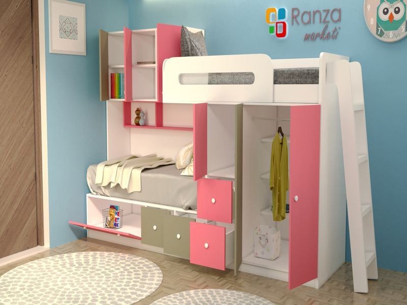 Ranza 071 Yandan Merdivenli Çekmeceli Dolaplı Raflı Ranza