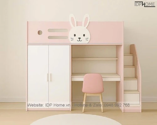 Ranza 633 Pembe Mavi Dolaplı Çalışma Masalı Yandan Merdivenli Yüksek Korkuluklu Ranza Modeli