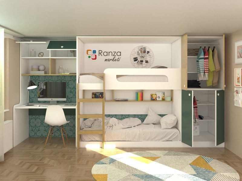 Ranza 349 Duvar Kaplamalı Dolaplı Merdivenli Raflı Ve Çalışma Masalı Ranza Modeli
