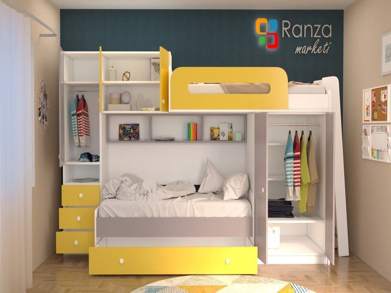 Ranza 066 Sarı Gri Bol Dolaplı Çekmeceli Önden Merdivenli Çekmeceli Ranza