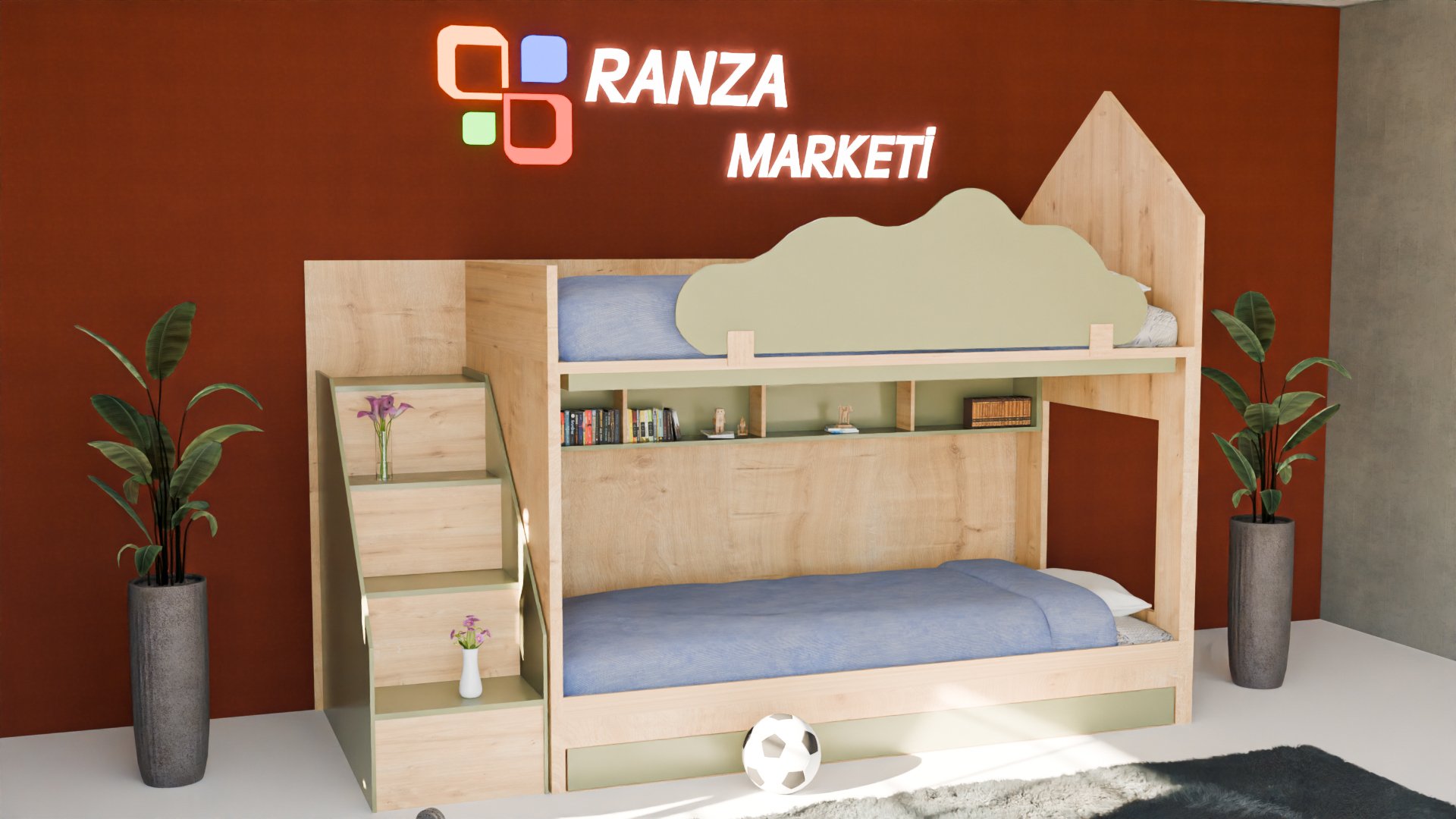 Ranza 450 Üç Kişilik Yavrulu Çekmeceli Bulut Korkuluklu Yandan Merdivenli Evli Ranza 