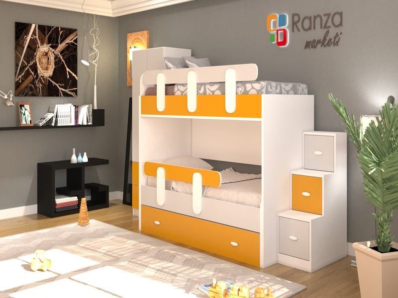 Ranza 018 Çocuk Ranzası Alçak Model Dolaplı Merdivenli Ranza 