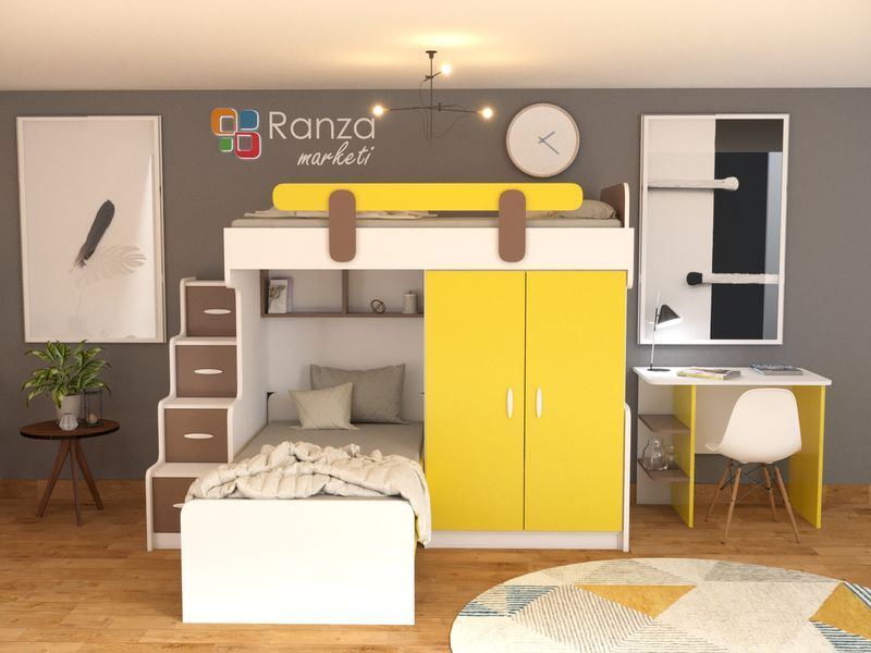 Ranza 092  Dolaplı Yandan Merdivenli Çekmeceli Raflı Çalışma Masalı Ranza