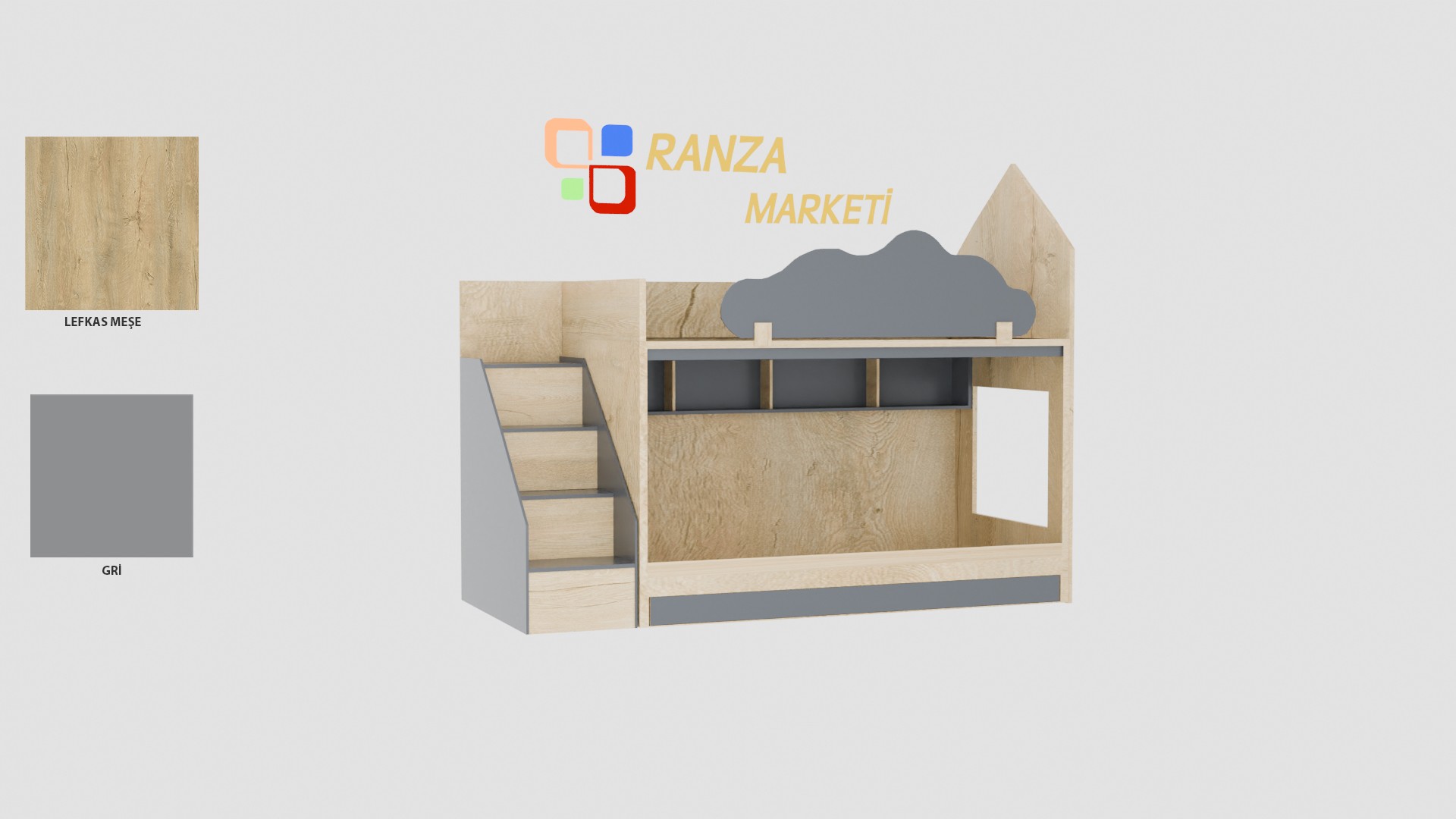 Ranza 450 Üç Kişilik Yavrulu Çekmeceli Bulut Korkuluklu Yandan Merdivenli Evli Ranza 