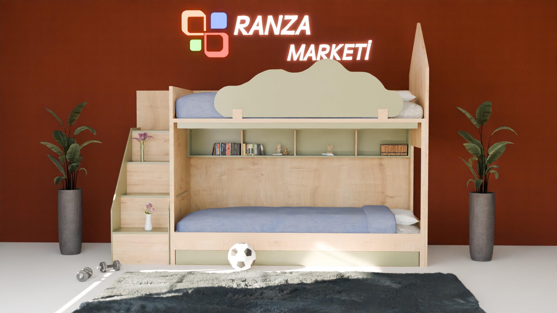 Ranza 450 Üç Kişilik Yavrulu Çekmeceli Bulut Korkuluklu Yandan Merdivenli Evli Ranza 