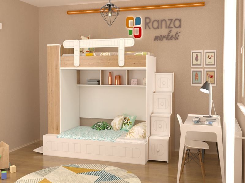 Ranza 346 Raflı Altı Geniş Dolaplı Ve Merdiven Çekmeceli İki Kişilik Ranza Modeli