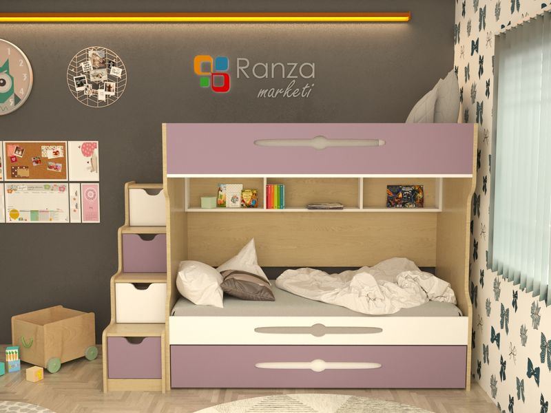 Ranza 084 Yandan Çekmeceli Merdivenli Yavrulu Ve Raflı Ranza
