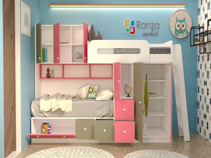 Ranza 071 Yandan Merdivenli Çekmeceli Dolaplı Raflı Ranza