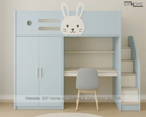 Ranza 633 Pembe Mavi Dolaplı Çalışma Masalı Yandan Merdivenli Yüksek Korkuluklu Ranza Modeli