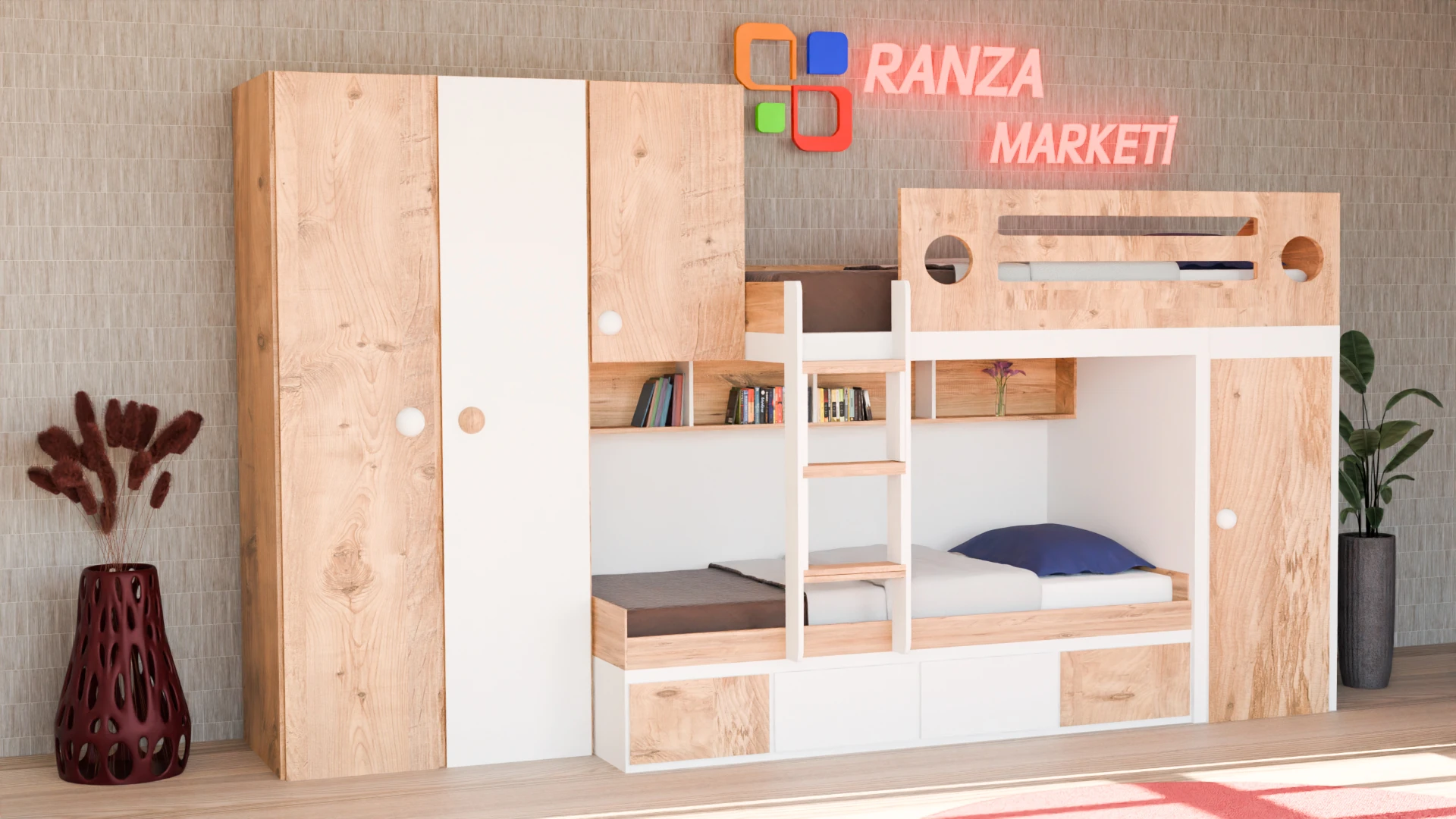 Katlanir Ranza Ranza Modeli R-458 - Kaydıraklı Ranza - Çalışma Masalı Ranza - Dolaplı ...
