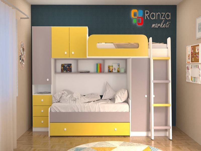 Ranza 066 Sarı Gri Bol Dolaplı Çekmeceli Önden Merdivenli Çekmeceli Ranza