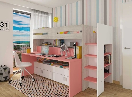 Ranza 628 Tek Kişilik Çalışma Masalı Yavru Yataklı Kitaplıklı Çekmeceli Önden Merdivenli Ranza