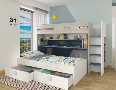 Ranza 628 Tek Kişilik Çalışma Masalı Yavru Yataklı Kitaplıklı Çekmeceli Önden Merdivenli Ranza