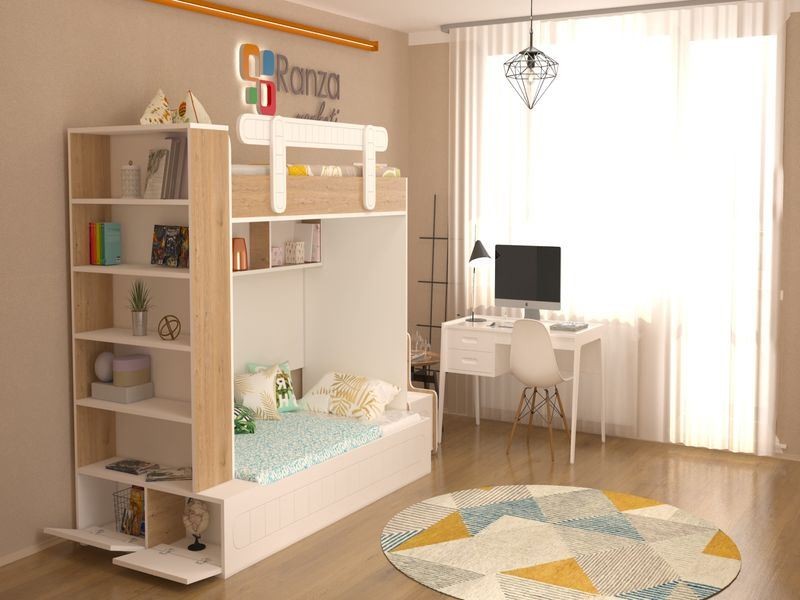 Ranza 346 Raflı Altı Geniş Dolaplı Ve Merdiven Çekmeceli İki Kişilik Ranza Modeli