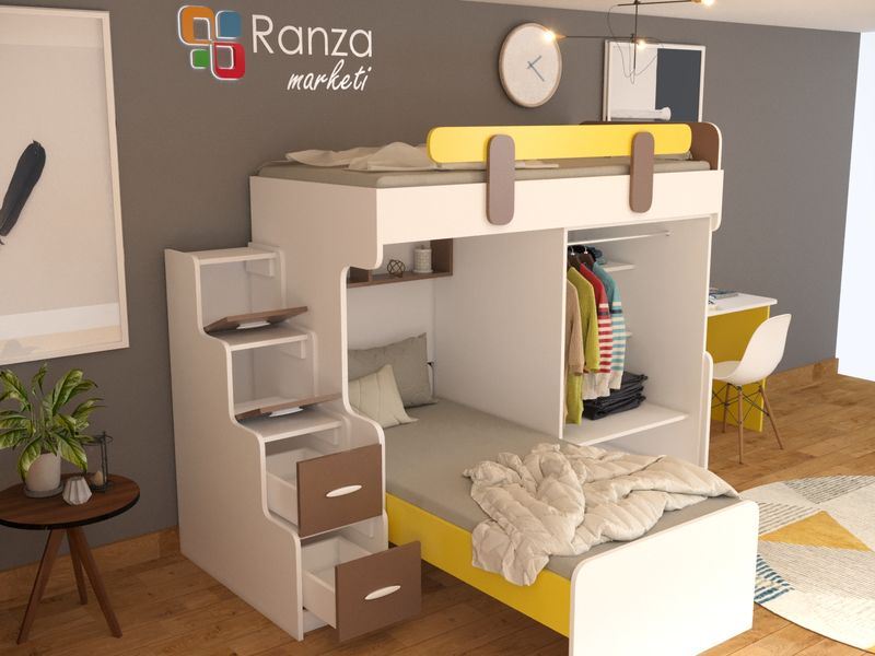 Ranza 092  Dolaplı Yandan Merdivenli Çekmeceli Raflı Çalışma Masalı Ranza