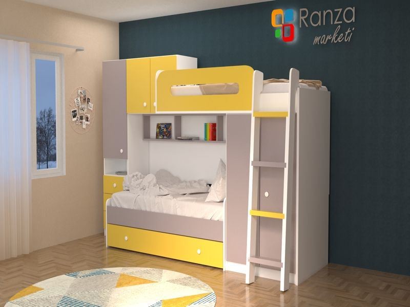 Ranza 066 Sarı Gri Bol Dolaplı Çekmeceli Önden Merdivenli Çekmeceli Ranza