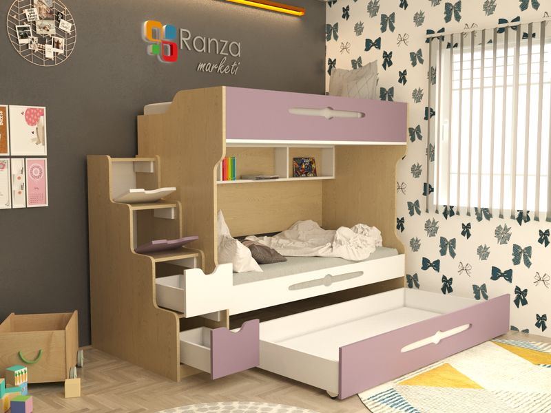 Ranza 084 Yandan Çekmeceli Merdivenli Yavrulu Ve Raflı Ranza