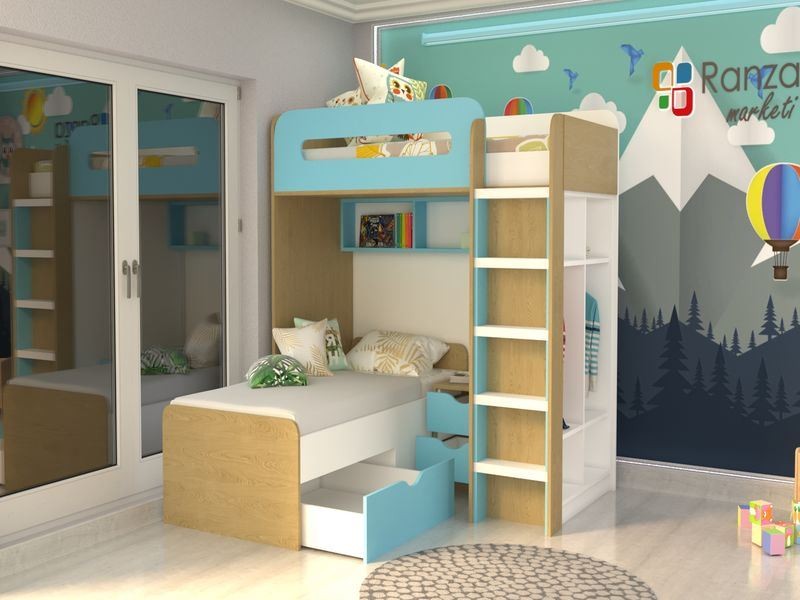 Ranza 012 İki Yataklı Dolaplı Çekmeceli Komidinli Önden Merdivenli Ranza 