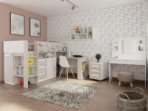 Ranza 627 Tek Kişilik Dolaplı Çalışma Masalı Makyaj Masası Merdivenli Raflı Ranza Modeli