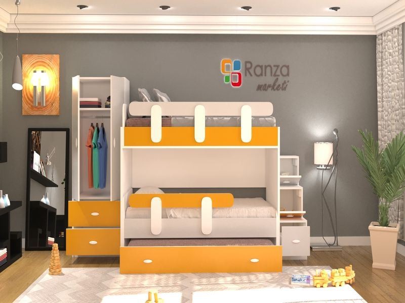 Ranza 018 Çocuk Ranzası Alçak Model Dolaplı Merdivenli Ranza 