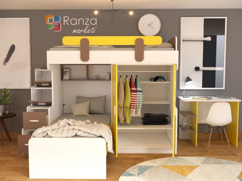 Ranza 092  Dolaplı Yandan Merdivenli Çekmeceli Raflı Çalışma Masalı Ranza